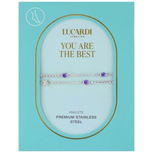 Lucardi Dames Dubbele stalen enkelbandje met steentje - Accessoire - Staal - Zilverkleurig - 26 cm
