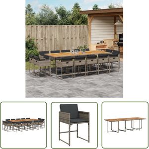 The Living Store 15-delige Tuinset met kussens poly rattan grijs - Tuinmeubles - Eetkamer Set - Buitentijd - Lounge Set - Outdoor Furniture