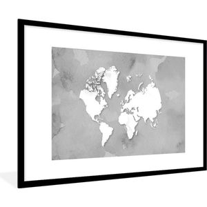 Fotolijst incl. Poster Zwart Wit- Ronde en witte wereldkaart op een grijze achtergrond - zwart wit - 120x80 cm - Posterlijst