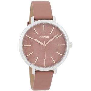 Zilverkleurige OOZOO horloge met warm roze leren band - C9696