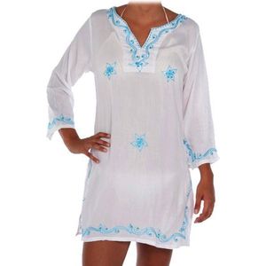 Witte Tuniek Turquoise Borduursel en Pailletten, Geborduurde Bloemen, Rayon Viscose Maat S, 36