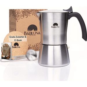 Premium espressomachine van roestvrij staal, geschikt voor inductie, 4-6 kopjes espresso, 150-300 ml mokkamaker, campingkooktoestel met toebehoren, aluminium vrij voor koffie (4 kopjes, 150 ml)