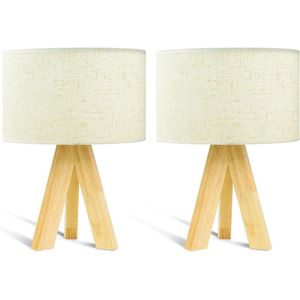 Houten bedlampjes - Set van 2 nachtkastje kinderbureaulamp met stoffen schaduw - Decoratieve slaapkamer woonkamer cadeau (beige)