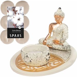 Boeddha beeld voor binnen 15 cm met 12x geurkaarsen Cotton Blossom - Buddha beeldje met theelichtjes/waxinelichtjes