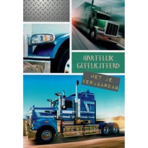 Hartelijk gefeliciteerd met je verjaardag! Een bijzondere wenskaart met verschillende afbeeldingen van prachtige trucks met neus. Een dubbele wenskaart inclusief envelop en in folie verpakt.
