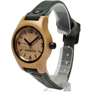 Dames horloge bamboe hout | SMALL Forest green leren band | TiMEBOO ®