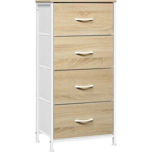 FURNIBELLA -Smalle Commodekast met 4 Stoffen Laden – Dressoir Opbergcommode in Licht Eiken en Wit, Industriële Stijl