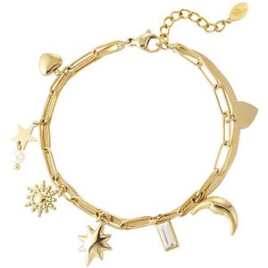 Dames armband - bedelarmband - Dubbele armband met bedeltjes - Parel - Steentje - Vormen - Dag en nacht bedel armband - Goud