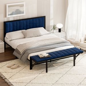 Sweiko Tweepersoonsbed - 140x200 cm - Ombouwbare eindbank - Opbergruimte - Fluweel - Blauw