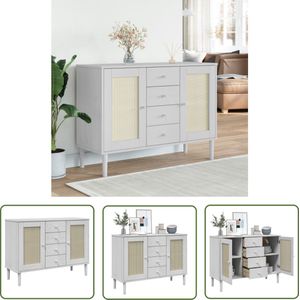 The Living Store Dressoir SENJA rattan-look 112x40x80 cm massief grenenhout wit - Dressoir - Opbergkast - Salontafel - Woonkamerinrichting - Vintage Stijl