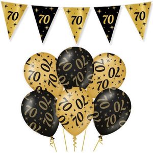 70 Jaar Verjaardag Decoratie Versiering - Feest Versiering - Vlaggenlijn - Ballonnen - Klaparmband - Man & Vrouw - Zwart en Goud