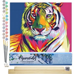 Figured'Art Schilderen op Nummer Volwassenen canvas Tijger Pop-art 2 - Handwerk acrylverf Kit DIY Compleet - 40x50cm met DIY houten lijst