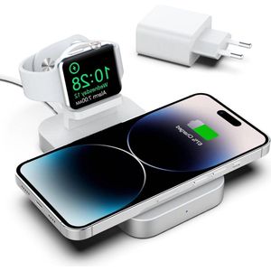 Magnetische draadloze oplader - 2-in-1 draadloos laadstation - iPhone - Apple Watch - AirPods - snel opladen - wit - compact - bureauorganizer Oplaadstation