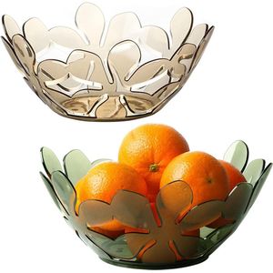 Fruitschaal van kunststof, set van 2, 25 x 11 cm, bloembladvormig, fruitmand, roest niet, uitgehold, decoratieve fruitschalen voor de keuken, groen en oranje