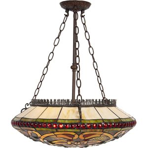 HAES DECO - Tiffany Plafondlamp Ø 51x116 cm Beige Groen Metaal Glas Rond Plafonniere Glas in Lood