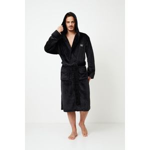 Luxe badjas heren – zwarte badjas met capuchon – borst borduring van kroon - herenbadjas zacht – luxury bathrobe – 100% fleece – maat L