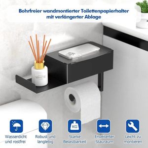 Toiletpapierhouder met box voor vochtige doekjes, matzwart, wc-papierhouder met legplank, zonder boren, roestvrij staal, wc-rolhouder met opbergruimte en extra dienblad voor badkamer