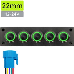 ProRide Metalen pulsschakelaar 12-24V OFF-(ON) - Inbouwpaneel vijfvoudig - 22mm - IP67 - LED indicatie Groen