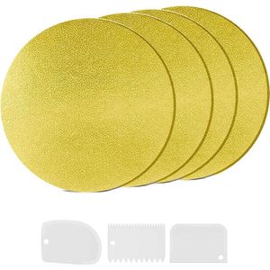 Cake Board taartonderlegger, cakeboard, rond, Ø 30 cm, 4 stuks, herbruikbaar, taartonderleggers voor transport, cake en taarten, met 3 stuks taartschrapers (goud)