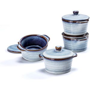 Mini Cocotte Porselein, Keramische Ovenschaal met Deksel, Ovenbestendig, Set van 4, 230 ml, Crème Brûlée Kommetjes Soepkopjes met Handvatten voor Soufflé, Muffins, Cupcakes - Blauw