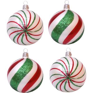 Hippe Gedecoreerde Kerstballen Wit, Rood en Groen - Doosje van vier kerstballen van glas 8 cm