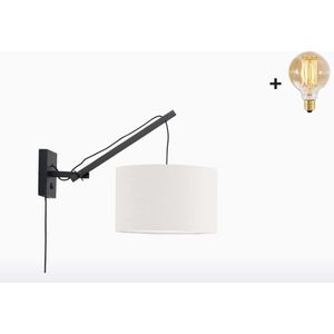 Wandlamp met Korte Arm - ANDES - Zwart Bamboe - Wit Linnen - Met LED-lamp