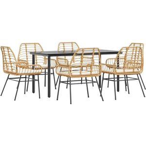 vidaXL - 7-delige - Tuinset - met - kussens - poly - rattan - glas - bruin