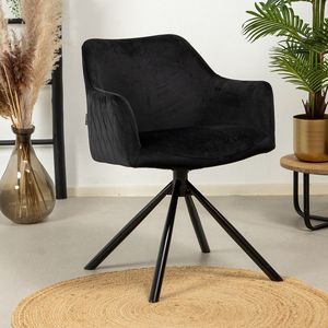 Bronx71® Velvet eetkamerstoel zwart Furtado 180° draaibaar - Eetkamerstoelen met armleuning - Kuipstoel - Eetkamerstoel met armleuning