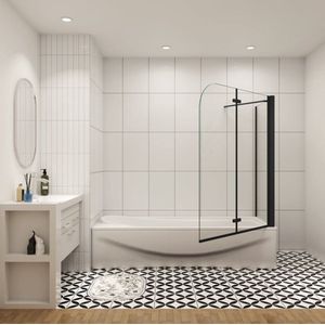 Badwand Black Crocus 2-Delig 100X140 Met Zijwand 80cm 6Mm Helder Glas Antikalk Mat Zwart