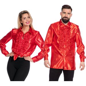 Wilbers & Wilbers - Jaren 80 & 90 Kostuum - Knallend Rode Foute Ruchesblouse Satijn Disco Party Man - Rood - Maat 54 - Carnavalskleding - Verkleedkleding