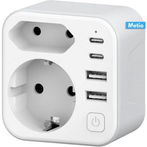 Metio - Reisadapter UK - Engeland - Nederland Adapter met 4 USB-poorten (2x USB-C & 2x USB-A) - Type G Stekker met 2 Stopcontacten
