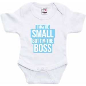 Small but the boss tekst baby rompertje blauw/wit jongens - Kraamcadeau - Babykleding 92
