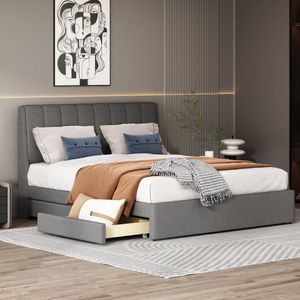 Sweiko Gestoffeerd bed 140 x 200 cm, tweepersoonsbed met lades, lattenbod en rugleuning, linnen bed met volledige rugleuning aan beide zijden van het hoofdeinde voor volwassenen en tieners, linnen bed, Grijs