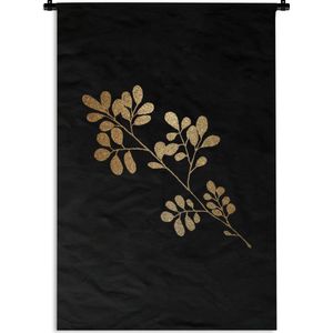 Wandkleed Golden/rose leavesKerst illustraties - Tak met ovalen gouden bladeren op een zwarte achtergrond Wandkleed katoen 90x135 cm - Wandtapijt met foto