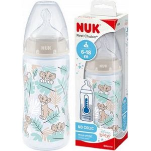 NUK | Disney | First Choice+ | Babyfles | 6-18 maanden | maat M | temperatuurcontrole | anti-kolische ventilatie | 300 ml | BPA-vrij | siliconen teat | leeuw King | 6-18 maanden