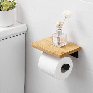 Toiletrolhouder met plateau - Toiletpapierhouder - Wc papier houder - Zelfklevend/schroefmontage - Toiletpapierhouder - Hout - Zwart - RVS
