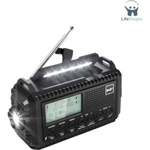 LifeStages - Noodradio Opwindbaar en Batterij - Crankradio DAB/FM met Batterij 5000mAh - Draagbare Zonne-radio met LED-zaklamp en Leeslampje - DAB+ Bouwplaatsradio IPX4 - Noodradio en SOS-alarm Geschikt voor Wandelen, Kamperen, Buiten - Zwart
