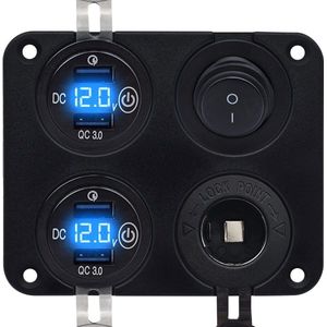 ProRide 12V USB Autolader 4 Poorten - QC3.0 - Schakelaar en 12V Sigaretten stopcontact - Vierkant inbouw paneel