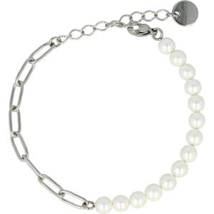 My Bendel - Zilverkleurige schakelarmband met White Pearl edelstenen - Combinatie van een zilverkleurige schakelarmband met White Pearledelstenen - Met luxe cadeauverpakking