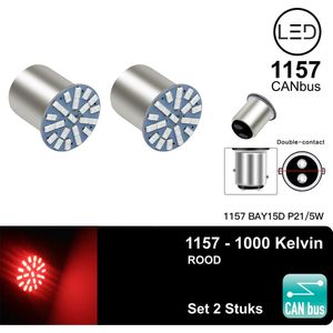 BAY15D P21 1157 ROOD ( 2 STUKS ) CANbus geschikt 12V 7,5 Watt Ultra Felle leds Rood LED SMD - (9 - 14V) - 1000k - 1200LM - 1200 Lumen - 1000 - Kelvin