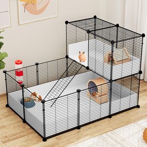 Kleine dierenkooi-box, konijn-cavia-kooi-box met waterdichte plastic voering, metalen hamsterbox, habitathek met doe-het-zelf 25-delige panelen