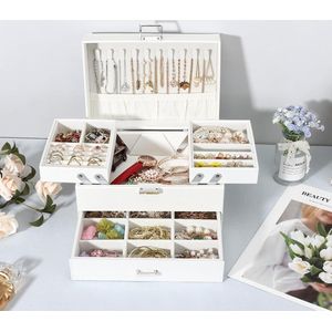 Sieradendoos, sieradenkistje met schuifladen voor dames en meisjes, PU-leer, sieradendoosje, sieradenkistje, grote sieradenorganizer voor ringen, oorbellen, armbanden, halskettingen, wit