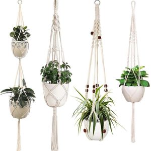 Plantenhanger Katoenen Touw Macramé Hangpot Plantenpot Deurdecoratie Binnen Buiten Boheemse Stijl Handgeweven Macrobloemen - Set van 4
