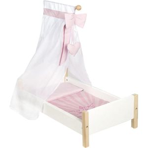 Poppenbed - Wit gelakt - Incl. beddengoed en hemel roze - Poppenmeubel serie ""Scarlet"" - Poppenaccessoires