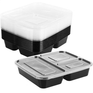 10x opbergkom met deksel - Meal Prep Container - 3-delige foodbox - vershoudbox (10 stuks - zwart - 3 delen)