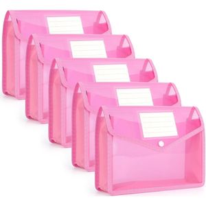 Inovra ® Documententas, A5, 5 stuks, documentenmap, A5, verzamelmappen met drukknop, kunststof envelop, map, waterdicht, zichtvak, documenten met kaart voor reizen, kantoor, document, school, A5, roze