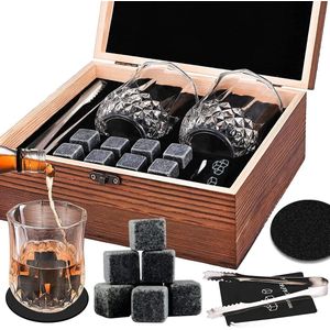 Whiskey Stones and Glass Gift Set for Men, 8 Granite Whiskey Stones + 2 Crystal Whiskey Glasses and Velvet Pouch, Father's Day/Christmas/Birthday Gift for Dad or Boyfriend
