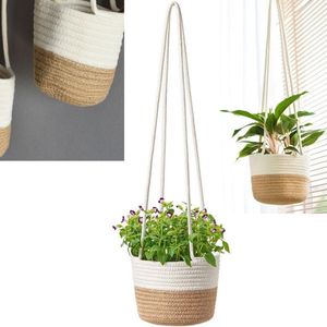 Hangende plantenmand, plantenmand van katoenen touw, natuurlijke zeegras bloempotten, plantenopbergmand, geweven opbergmand, hangende plant, voor binnen en buiten