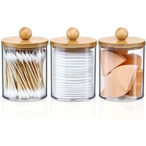 Wattenschijfjeshouder met deksel- 3 stuks - Wattenschijfjes dispenser - Wattenpot - Watjes houder - Wattenhouder -Houder dispenser opslag- Organizers - Organizer make up - Badkamer accessoires - Bamboo