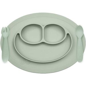 Mini-papset zuignapeffect met secties en leerbestek vork en lepel voor kinderen + 12 maanden - saliegroen